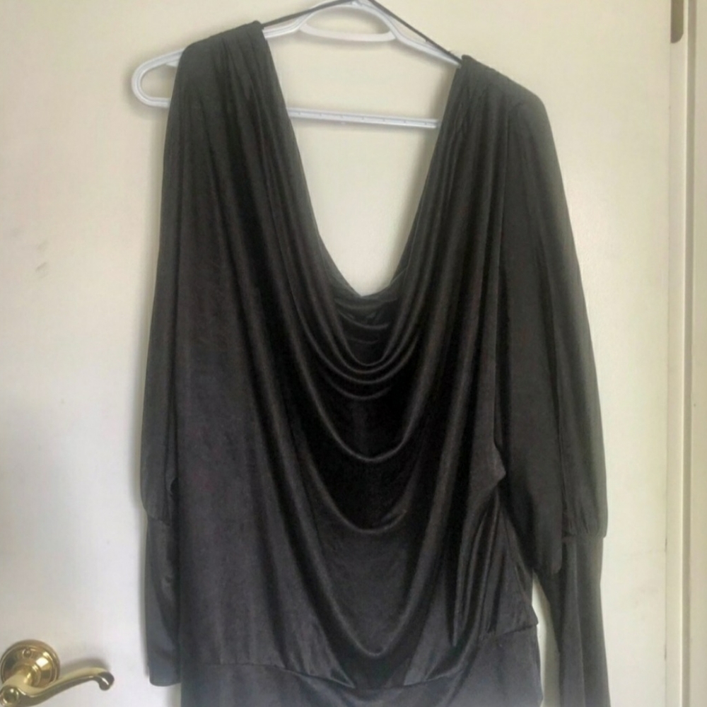 BCBG Open Shoulder, Cowl Neck, Black Sateen Shirt